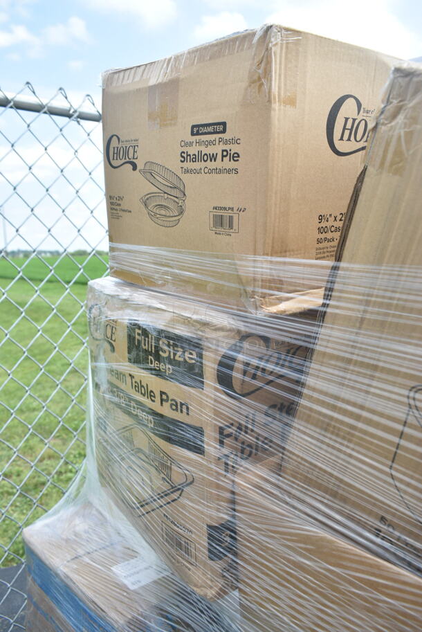 PALLET LOT of 28 BRAND NEW Boxes Including 16 oz Single Wall Green Print Hot Cups, 3 Box 966UPWIDEB OneUp by Choice White 2-Ply Wide Interfold 6 1/2" x 8 1/2" Dispenser Napkin - 6000/Case, 2 Box 128HD32COMBO Choice Heavy Duty 32 oz. Microwavable Translucent Plastic Deli Container and Lid Combo Pack - 240/Case, 303KSE16MBK Acopa 10" Matte Black Square Stoneware Plate - 12/Case, 394325M Noble NexGen Powder-Free Disposable Blue Hybrid 3 Mil Thick Gloves - Medium - 1000/Case, 129MCR32B Choice 32 oz. Black Round Microwavable Heavy Weight Container with Lid 7 1/4" - 150/Case, 917PBGEL0933 Pharmacopia Verbena 1.25 oz. Body Wash F-BGEL0933 - 200/Case, WellChoice Twisted Handle Bag, 760IC04W Choice 4 oz. White Paper Frozen Yogurt / Food Cup - 1000/Case, 43309LPIE Choice 9" Clear Hinged Low Pie Container - 100/Case. 28 Times Your Bid! - Image 12 of 12