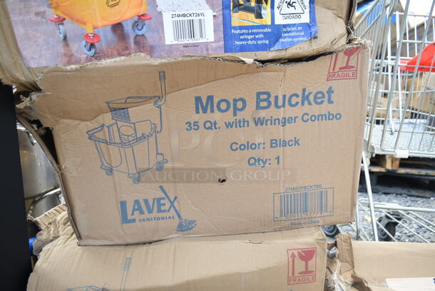 3 BRAND NEW SCRATCH AND DENT! Items Including Lavex 274MOPBCKTBK 35 Qt. Black Mop Bucket & Side Press Wringer Combo, Lavex 274MOPBCKTYE 35 Qt. Yellow Mop Bucket & Side Press Wringer Combo, Lavex 274MBCKT26YL 26 Qt. Yellow Mop Bucket and Side Press Wringer Combo. 3 Times Your Bid!  - Image 4 of 5