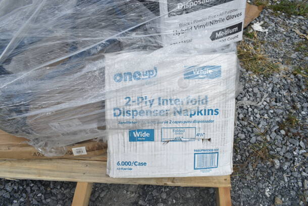 PALLET LOT of 15 BRAND NEW Boxes Including 966UPWIDEB-500 OneUp by Choice White 2-Ply Wide Interfold 6 1/2" x 8 1/2" Dispenser Napkin - 6000/Case, 2 Box 394345M Noble NexGen Powder-Free Disposable Black Hybrid 3 Mil Thick Gloves - Medium - 1000/Case, ServIt 423ST4ASG Angled Sneeze Guard for 4-Pan Steam Tables, 130BGFORKH Choice Beige Heavy Weight Plastic Fork - 1000/Case, 485CBW Choice 8" White Plastic Soda / Sundae Spoon - 1000/Case, Dart 85MFPPHT1 ProPlanet 8 5/16" x 8" x 3" White Mineral-Filled 1 Compartment Hinged Lid Takeout Container - 150/Case. 15 Times Your Bid! - Image 2 of 12