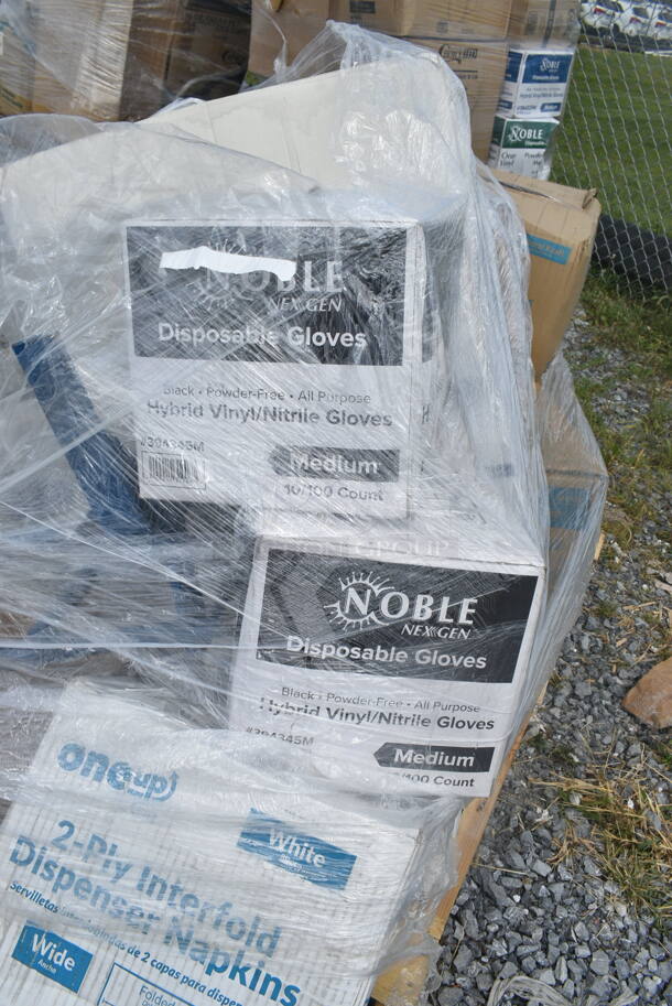 PALLET LOT of 15 BRAND NEW Boxes Including 966UPWIDEB-500 OneUp by Choice White 2-Ply Wide Interfold 6 1/2" x 8 1/2" Dispenser Napkin - 6000/Case, 2 Box 394345M Noble NexGen Powder-Free Disposable Black Hybrid 3 Mil Thick Gloves - Medium - 1000/Case, ServIt 423ST4ASG Angled Sneeze Guard for 4-Pan Steam Tables, 130BGFORKH Choice Beige Heavy Weight Plastic Fork - 1000/Case, 485CBW Choice 8" White Plastic Soda / Sundae Spoon - 1000/Case, Dart 85MFPPHT1 ProPlanet 8 5/16" x 8" x 3" White Mineral-Filled 1 Compartment Hinged Lid Takeout Container - 150/Case. 15 Times Your Bid! - Image 3 of 12