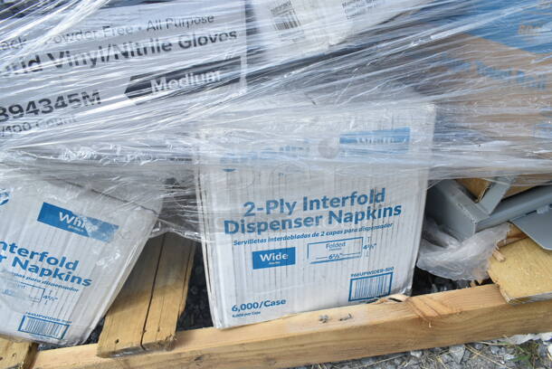 PALLET LOT of 15 BRAND NEW Boxes Including 966UPWIDEB-500 OneUp by Choice White 2-Ply Wide Interfold 6 1/2" x 8 1/2" Dispenser Napkin - 6000/Case, 2 Box 394345M Noble NexGen Powder-Free Disposable Black Hybrid 3 Mil Thick Gloves - Medium - 1000/Case, ServIt 423ST4ASG Angled Sneeze Guard for 4-Pan Steam Tables, 130BGFORKH Choice Beige Heavy Weight Plastic Fork - 1000/Case, 485CBW Choice 8" White Plastic Soda / Sundae Spoon - 1000/Case, Dart 85MFPPHT1 ProPlanet 8 5/16" x 8" x 3" White Mineral-Filled 1 Compartment Hinged Lid Takeout Container - 150/Case. 15 Times Your Bid! - Image 5 of 12