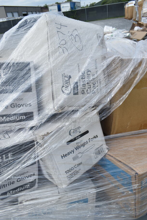 PALLET LOT of 15 BRAND NEW Boxes Including 966UPWIDEB-500 OneUp by Choice White 2-Ply Wide Interfold 6 1/2" x 8 1/2" Dispenser Napkin - 6000/Case, 2 Box 394345M Noble NexGen Powder-Free Disposable Black Hybrid 3 Mil Thick Gloves - Medium - 1000/Case, ServIt 423ST4ASG Angled Sneeze Guard for 4-Pan Steam Tables, 130BGFORKH Choice Beige Heavy Weight Plastic Fork - 1000/Case, 485CBW Choice 8" White Plastic Soda / Sundae Spoon - 1000/Case, Dart 85MFPPHT1 ProPlanet 8 5/16" x 8" x 3" White Mineral-Filled 1 Compartment Hinged Lid Takeout Container - 150/Case. 15 Times Your Bid! - Image 6 of 12