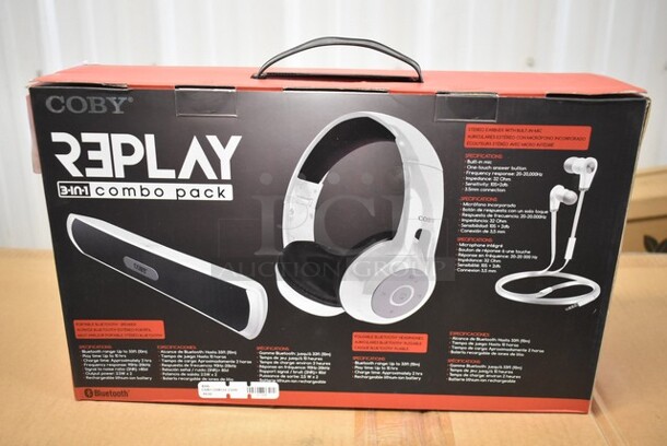 BRAND NEW IN BOX! Coby CMB-104-WHT Replay 3 in 1 Combo Pack; Bluetooth Speaker, Wireless Folding Headphones and Stereo Earbuds.  - Image 1 of 3