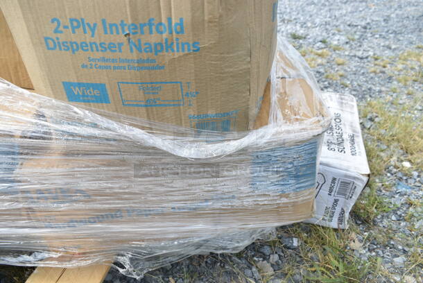 PALLET LOT of 15 BRAND NEW Boxes Including 966UPWIDEB-500 OneUp by Choice White 2-Ply Wide Interfold 6 1/2" x 8 1/2" Dispenser Napkin - 6000/Case, 2 Box 394345M Noble NexGen Powder-Free Disposable Black Hybrid 3 Mil Thick Gloves - Medium - 1000/Case, ServIt 423ST4ASG Angled Sneeze Guard for 4-Pan Steam Tables, 130BGFORKH Choice Beige Heavy Weight Plastic Fork - 1000/Case, 485CBW Choice 8" White Plastic Soda / Sundae Spoon - 1000/Case, Dart 85MFPPHT1 ProPlanet 8 5/16" x 8" x 3" White Mineral-Filled 1 Compartment Hinged Lid Takeout Container - 150/Case. 15 Times Your Bid! - Image 10 of 12