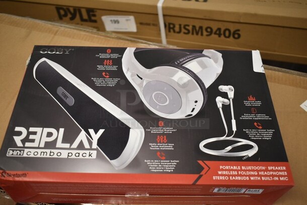 BRAND NEW IN BOX! Coby CMB-104-WHT Replay 3 in 1 Combo Pack; Bluetooth Speaker, Wireless Folding Headphones and Stereo Earbuds.  - Image 3 of 3