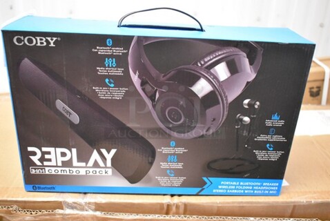 BRAND NEW IN BOX! Coby CMB-104-BLK Replay 3 in 1 Combo Pack; Bluetooth Speaker, Wireless Folding Headphones and Stereo Earbuds. 