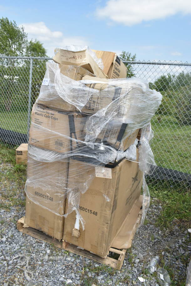 PALLET LOT of 15 BRAND NEW Boxes Including 2 Box 600DC1548 Regency 15" x 48" 18 Gauge Type 304 Stainless Steel Dish Cabinet with Adjustable Midshelf, 500TW7 Choice 7 oz. Translucent Thin Wall Plastic Cold Cup - 2500/Case, 22BR0118 Slushy Machine RPL, 500LFLAT Choice Clear Flat Lid with Straw Slot - 9, 12, 16, 20, and 24 oz. - 1000/Case, 433300100NAT Choice Kraft Sandwich Bag, 44 oz Round Take Out Containers. 15 Times Your Bid! - Image 1 of 12