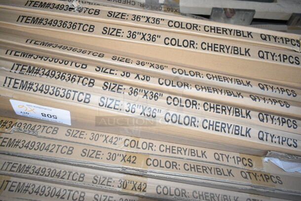 6 BRAND NEW SCRATCH AND DENT! Lancaster Table & Seating 3493636TCB 36" x 36" Laminated Square Table Top Reversible Cherry / Black. 6 Times Your Bid! May Be Missing Pieces.  - Image 3 of 3