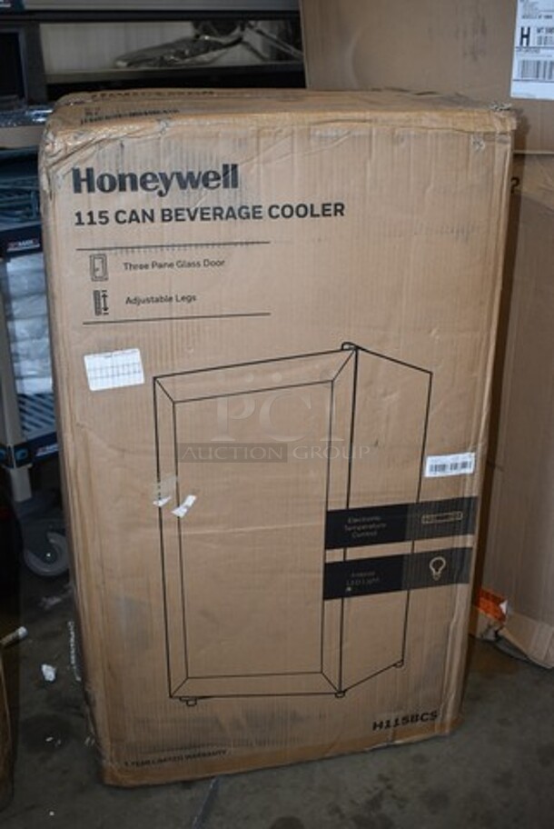 BRAND NEW IN BOX! Honeywell H115BCS Beverage Refrigerator and Cooler, 115 Can Mini Fridge with Glass Door for Soda Beer or Wine for Office or Bar with Adjustable Removable Shelving. Tested and Working! - Image 3 of 4