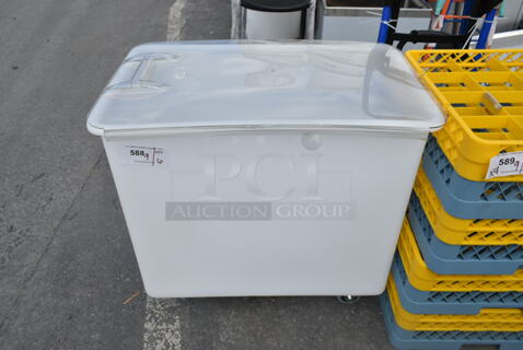 BRAND NEW SCRATCH AND DENT! White Poly Ingredient Bin on Commercial Casters. 