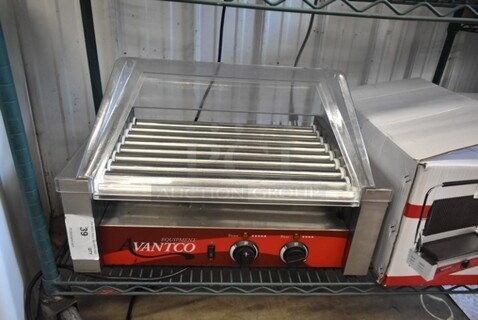 2018 Avantco 177RG1824 Stainless Steel Commercial Countertop Hot Dog Roller w/ Clear Poly Cover. 120 Volts, 1 Phase. Tested and Working!