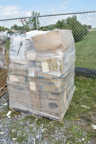 PALLET LOT of 28 BRAND NEW Boxes Including 500TO883 Choice 8" x 8" x 3" Microwaveable 1-Compartment Black / Clear Plastic Hinged Container - 100/Case, 500CFT White Premium C-Fold Towel - 2200/Case, 395RP09 EcoChoice Compostable Sugarcane / Bagasse 9" Plate - 500/Case, 130BKSPOONWX Choice Black Extra Heavy Weight Wrapped Plastic Teaspoon - 1000/Case, 2 Box 500TO883 Choice 8" x 8" x 3" Microwaveable 1-Compartment Black / Clear Plastic Hinged Container - 100/Case, Choice 4 oz Portion Cups, Noble Clear Vinyl Gloves. 28 Times Your Bid!