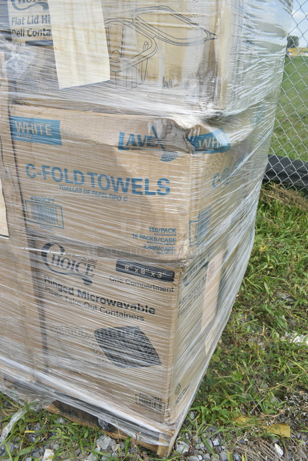PALLET LOT of 28 BRAND NEW Boxes Including 500TO883 Choice 8" x 8" x 3" Microwaveable 1-Compartment Black / Clear Plastic Hinged Container - 100/Case, 500CFT White Premium C-Fold Towel - 2200/Case, 395RP09 EcoChoice Compostable Sugarcane / Bagasse 9" Plate - 500/Case, 130BKSPOONWX Choice Black Extra Heavy Weight Wrapped Plastic Teaspoon - 1000/Case, 2 Box 500TO883 Choice 8" x 8" x 3" Microwaveable 1-Compartment Black / Clear Plastic Hinged Container - 100/Case, Choice 4 oz Portion Cups, Noble Clear Vinyl Gloves. 28 Times Your Bid! - Image 2 of 12