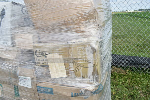 PALLET LOT of 28 BRAND NEW Boxes Including 500TO883 Choice 8" x 8" x 3" Microwaveable 1-Compartment Black / Clear Plastic Hinged Container - 100/Case, 500CFT White Premium C-Fold Towel - 2200/Case, 395RP09 EcoChoice Compostable Sugarcane / Bagasse 9" Plate - 500/Case, 130BKSPOONWX Choice Black Extra Heavy Weight Wrapped Plastic Teaspoon - 1000/Case, 2 Box 500TO883 Choice 8" x 8" x 3" Microwaveable 1-Compartment Black / Clear Plastic Hinged Container - 100/Case, Choice 4 oz Portion Cups, Noble Clear Vinyl Gloves. 28 Times Your Bid! - Image 3 of 12