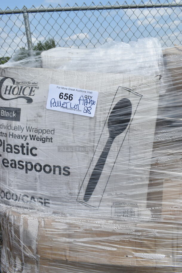 PALLET LOT of 28 BRAND NEW Boxes Including 500TO883 Choice 8" x 8" x 3" Microwaveable 1-Compartment Black / Clear Plastic Hinged Container - 100/Case, 500CFT White Premium C-Fold Towel - 2200/Case, 395RP09 EcoChoice Compostable Sugarcane / Bagasse 9" Plate - 500/Case, 130BKSPOONWX Choice Black Extra Heavy Weight Wrapped Plastic Teaspoon - 1000/Case, 2 Box 500TO883 Choice 8" x 8" x 3" Microwaveable 1-Compartment Black / Clear Plastic Hinged Container - 100/Case, Choice 4 oz Portion Cups, Noble Clear Vinyl Gloves. 28 Times Your Bid! - Image 7 of 12