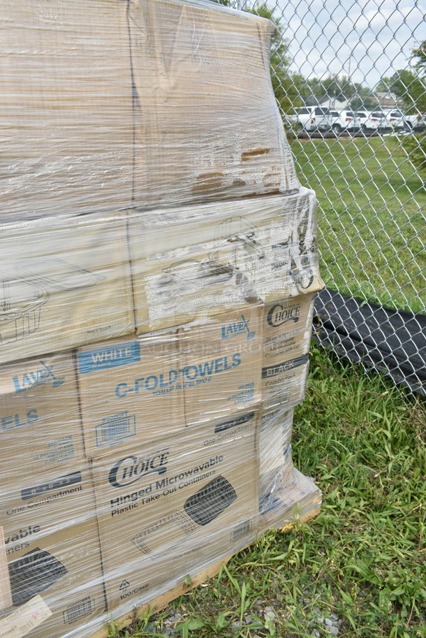 PALLET LOT of 28 BRAND NEW Boxes Including 500TO883 Choice 8" x 8" x 3" Microwaveable 1-Compartment Black / Clear Plastic Hinged Container - 100/Case, 500CFT White Premium C-Fold Towel - 2200/Case, 395RP09 EcoChoice Compostable Sugarcane / Bagasse 9" Plate - 500/Case, 130BKSPOONWX Choice Black Extra Heavy Weight Wrapped Plastic Teaspoon - 1000/Case, 2 Box 500TO883 Choice 8" x 8" x 3" Microwaveable 1-Compartment Black / Clear Plastic Hinged Container - 100/Case, Choice 4 oz Portion Cups, Noble Clear Vinyl Gloves. 28 Times Your Bid! - Image 10 of 12