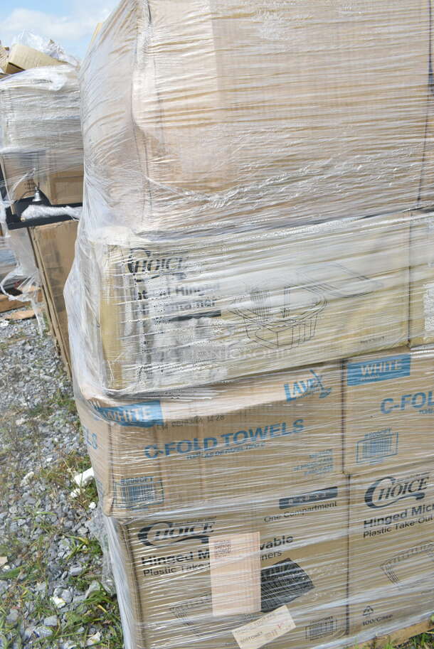 PALLET LOT of 28 BRAND NEW Boxes Including 500TO883 Choice 8" x 8" x 3" Microwaveable 1-Compartment Black / Clear Plastic Hinged Container - 100/Case, 500CFT White Premium C-Fold Towel - 2200/Case, 395RP09 EcoChoice Compostable Sugarcane / Bagasse 9" Plate - 500/Case, 130BKSPOONWX Choice Black Extra Heavy Weight Wrapped Plastic Teaspoon - 1000/Case, 2 Box 500TO883 Choice 8" x 8" x 3" Microwaveable 1-Compartment Black / Clear Plastic Hinged Container - 100/Case, Choice 4 oz Portion Cups, Noble Clear Vinyl Gloves. 28 Times Your Bid! - Image 11 of 12