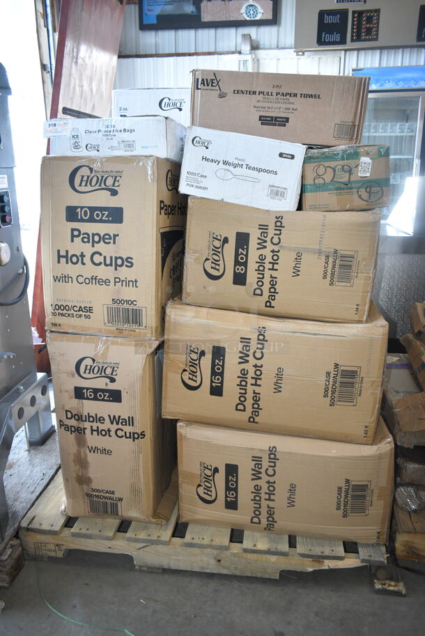 PALLET LOT of 20 BRAND NEW Boxes Including 3 Box 50016DWALLW Choice 16 oz. White Smooth Double Wall Paper Hot Cup - 500/Case, 50010C Choice 10 oz. Coffee Print Poly Paper Hot Cup - 1000/Case, 5008DWALLW Choice 8 oz. Tall White Smooth Double Wall Paper Hot Cup - 500/Case, 130WHSPOONH Choice White Heavy Weight Plastic Teaspoon - 1000/Case, 5002CPTE Lavex 2-Ply White Center Pull Paper Towel 510' Roll - 6/Case, 130IC20PCL500 Choice 20 lb. Clear Plastic Ice Bag with Ice Print - 500/Case, Choice 2 ox Portion Cups. 20 Times Your Bid!  - Image 1 of 8