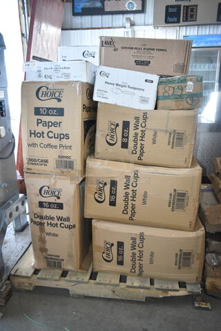 PALLET LOT of 20 BRAND NEW Boxes Including 3 Box 50016DWALLW Choice 16 oz. White Smooth Double Wall Paper Hot Cup - 500/Case, 50010C Choice 10 oz. Coffee Print Poly Paper Hot Cup - 1000/Case, 5008DWALLW Choice 8 oz. Tall White Smooth Double Wall Paper Hot Cup - 500/Case, 130WHSPOONH Choice White Heavy Weight Plastic Teaspoon - 1000/Case, 5002CPTE Lavex 2-Ply White Center Pull Paper Towel 510' Roll - 6/Case, 130IC20PCL500 Choice 20 lb. Clear Plastic Ice Bag with Ice Print - 500/Case, Choice 2 ox Portion Cups. 20 Times Your Bid! 