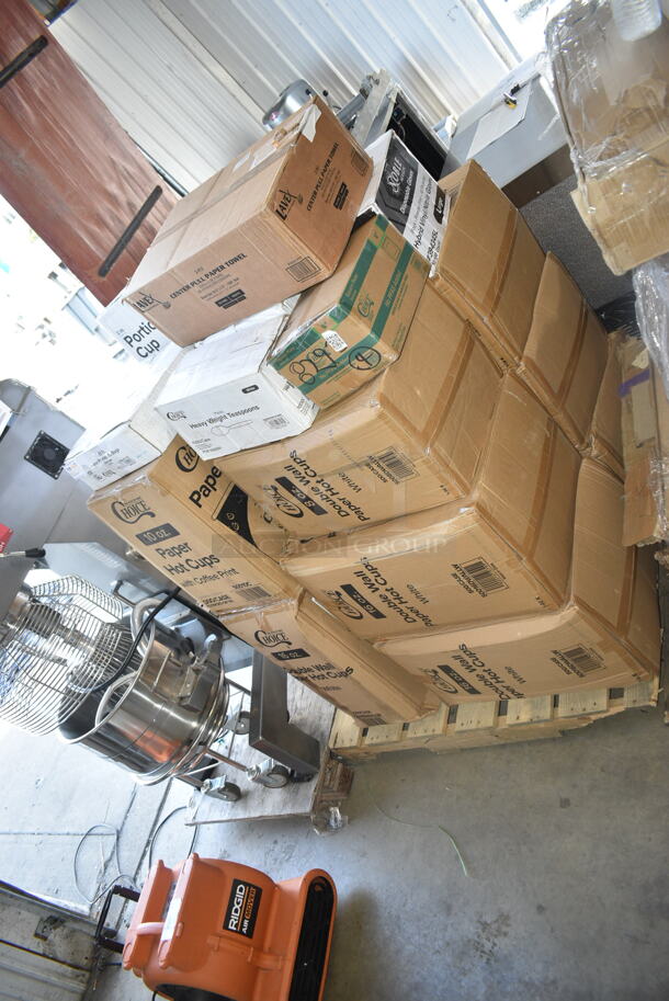 PALLET LOT of 20 BRAND NEW Boxes Including 3 Box 50016DWALLW Choice 16 oz. White Smooth Double Wall Paper Hot Cup - 500/Case, 50010C Choice 10 oz. Coffee Print Poly Paper Hot Cup - 1000/Case, 5008DWALLW Choice 8 oz. Tall White Smooth Double Wall Paper Hot Cup - 500/Case, 130WHSPOONH Choice White Heavy Weight Plastic Teaspoon - 1000/Case, 5002CPTE Lavex 2-Ply White Center Pull Paper Towel 510' Roll - 6/Case, 130IC20PCL500 Choice 20 lb. Clear Plastic Ice Bag with Ice Print - 500/Case, Choice 2 ox Portion Cups. 20 Times Your Bid!  - Image 2 of 8