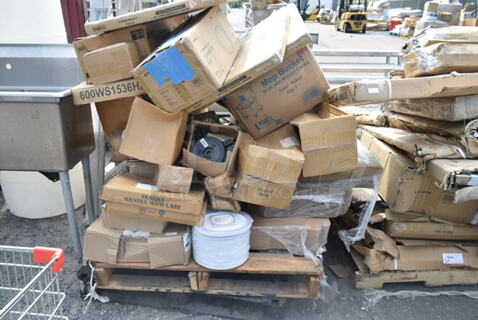 PALLET LOT of 25 BRAND NEW Items Including 3 427SM24RNDLE Lancaster Table & Seating Excalibur 23 5/8" Round Table Top with Smooth Letizia Finish, 274MOPBCKTYE Lavex 35 Qt. Yellow Mop Bucket & Side Press Wringer Combo, 179B221 Bobrick B-221 ClassicSeries Surface-Mounted Seat Cover Dispenser with Satin Finish. 25 Times Your Bid! 