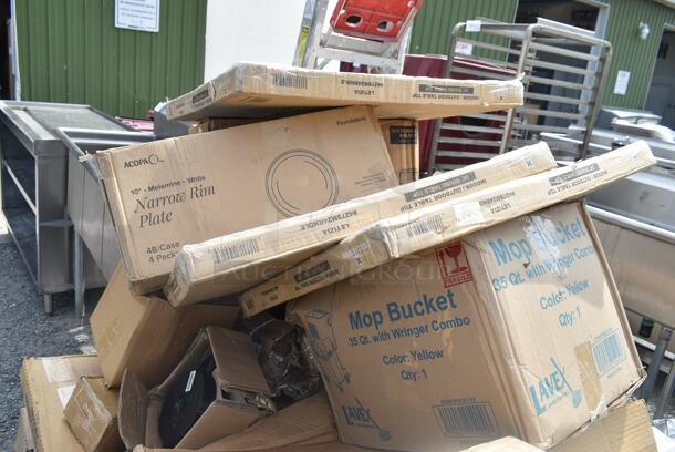 PALLET LOT of 25 BRAND NEW Items Including 3 427SM24RNDLE Lancaster Table & Seating Excalibur 23 5/8" Round Table Top with Smooth Letizia Finish, 274MOPBCKTYE Lavex 35 Qt. Yellow Mop Bucket & Side Press Wringer Combo, 179B221 Bobrick B-221 ClassicSeries Surface-Mounted Seat Cover Dispenser with Satin Finish. 25 Times Your Bid!  - Image 2 of 5