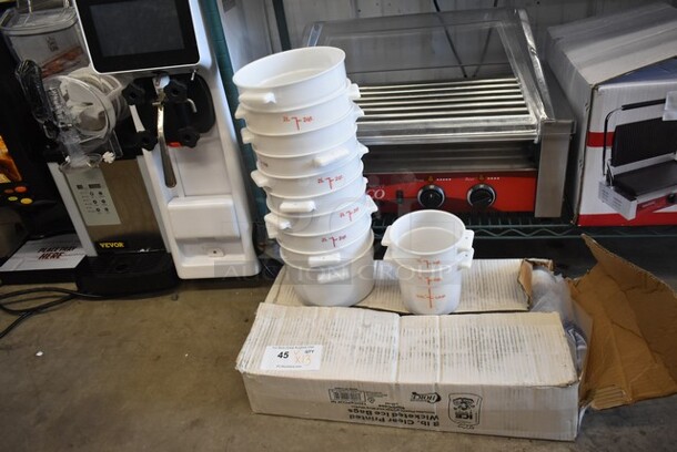 ALL ONE MONEY! Lot of 10 White Poly 2 Quart Bins, 2 White Poly 1 Quart Bins and Box of 130IC8PCLW 1M Ice Bags.  - Image 1 of 6