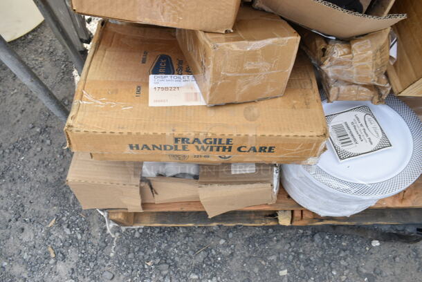 PALLET LOT of 25 BRAND NEW Items Including 3 427SM24RNDLE Lancaster Table & Seating Excalibur 23 5/8" Round Table Top with Smooth Letizia Finish, 274MOPBCKTYE Lavex 35 Qt. Yellow Mop Bucket & Side Press Wringer Combo, 179B221 Bobrick B-221 ClassicSeries Surface-Mounted Seat Cover Dispenser with Satin Finish. 25 Times Your Bid!  - Image 4 of 5