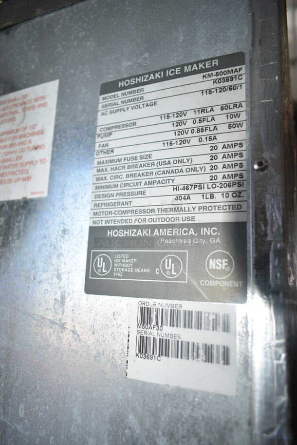 Hoshizaki KM-500MAF Stainless Steel Commercial Ice Head on Hoshizaki DB-200C Commercial Ice Dispensing Bin. 115-120 Volts, 1 Phase.  - Image 3 of 4