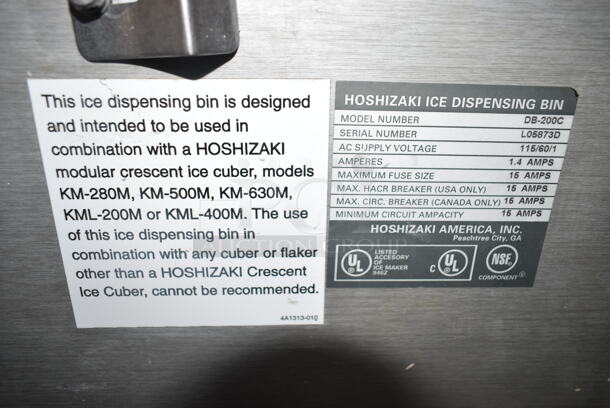 Hoshizaki KM-500MAF Stainless Steel Commercial Ice Head on Hoshizaki DB-200C Commercial Ice Dispensing Bin. 115-120 Volts, 1 Phase.  - Image 4 of 4