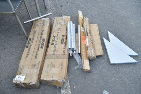 10 BRAND NEW Items Including 4 164TCOLRD437 Lancaster Table & Seating 37 1/2" x 4" Bar Height Table Base Column and Rod, 92223649 Rack Wire Holder, Metal Legs, Shelf Brackets. 10 Times Your Bid! 
