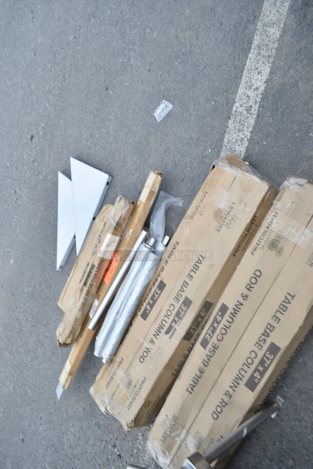 10 BRAND NEW Items Including 4 164TCOLRD437 Lancaster Table & Seating 37 1/2" x 4" Bar Height Table Base Column and Rod, 92223649 Rack Wire Holder, Metal Legs, Shelf Brackets. 10 Times Your Bid!  - Image 2 of 8