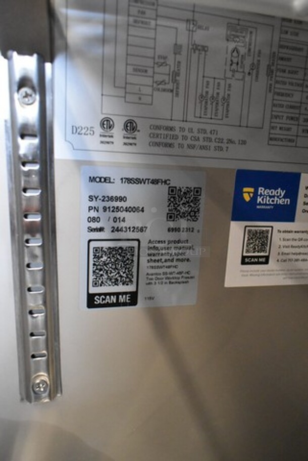 BRAND NEW SCRATCH AND DENT! 2023 Avantco 178SSWT48FHC Stainless Steel Commercial 2 Door Work Top Freezer. 115 Volts, 1 Phase. Tested and Working! - Image 7 of 7