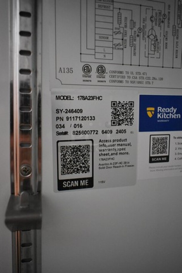 BRAND NEW SCRATCH AND DENT! 2024 Avantco 178A23FHC Stainless Steel Commercial Single Door Reach In Freezer w/ Poly Coated Racks on Commercial Casters. 115 Volts, 1 Phase. Tested and Working! - Image 7 of 7