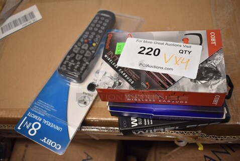 4 BRAND NEW IN BOX! Items Including Coby Universal Remote, Coby Wireless Earbuds, Coby Vipers Earbuds. 4 Times Your Bid!