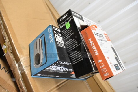 3 BRAND NEW IN BOX! Items Including Coby HDMI High Speed Cable, Coby DVD Player, Coby Mono Boom Box. 3 Times Your Bid!