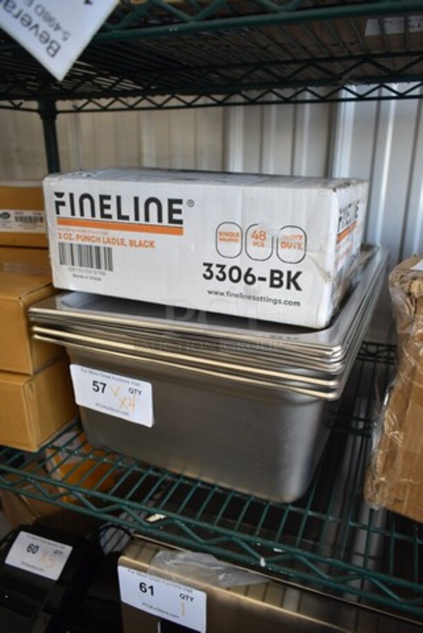 ALL ONE MONEY! Lot of BRAND NEW SCRATCH AND DENT! Items Including Box of Fineline Platter Pleasers 3306-BK 2 oz. Black Polystyrene Disposable Ladle - 48/Case, 2 4070023 Choice Full Size 2 1/2" Deep Anti-Jam Perforated Stainless Steel Steam Table / Hotel Pan - 24 Gauge, 2 4070069 Choice Full Size 6" Deep Anti-Jam Stainless Steel Steam Table / Hotel Pan - 24 Gauge, 4070110  Choice Full Size Stainless Steel Solid Steam Table / Hotel Pan Cover - Image 1 of 7