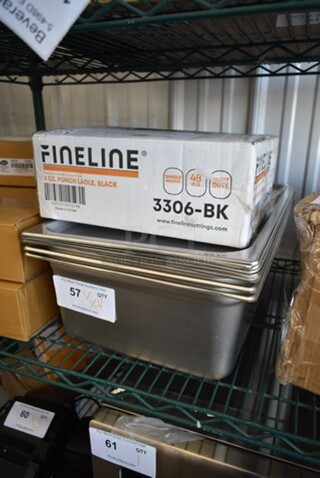 ALL ONE MONEY! Lot of BRAND NEW SCRATCH AND DENT! Items Including Box of Fineline Platter Pleasers 3306-BK 2 oz. Black Polystyrene Disposable Ladle - 48/Case, 2 4070023 Choice Full Size 2 1/2" Deep Anti-Jam Perforated Stainless Steel Steam Table / Hotel Pan - 24 Gauge, 2 4070069 Choice Full Size 6" Deep Anti-Jam Stainless Steel Steam Table / Hotel Pan - 24 Gauge, 4070110  Choice Full Size Stainless Steel Solid Steam Table / Hotel Pan Cover