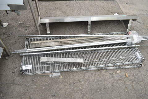 ALL ONE MONEY! Lot of 2 Chrome Finish Wire Shelves and 4 Poles.