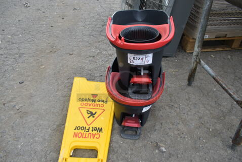 3 Various Items: 2 Mop Buckets and 1 Wet Floor Caution Sign. 3 Times Your Bid!