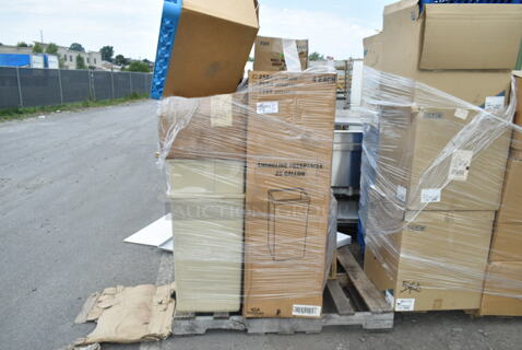 PALLET LOT of 8 BRAND NEW! Boxes of Various Items Including Swingline Receptacle, Wall Hugger Receptacle, Wall Hugger Drop Shot Lid, Tan Poly Trash Cans. 8 Times Your Bid!