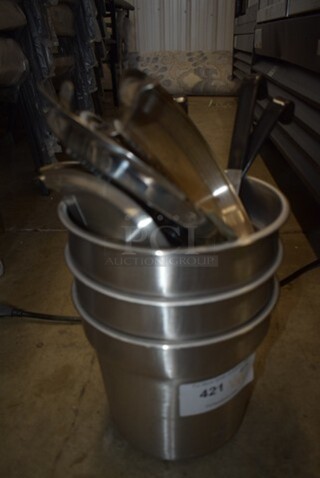 3 BRAND NEW SCRATCH AND DENT! Stainless Steel Cylindrical Drop In Bins w/ 2 Lids and 3 Ladles. 3 Times Your Bid! 