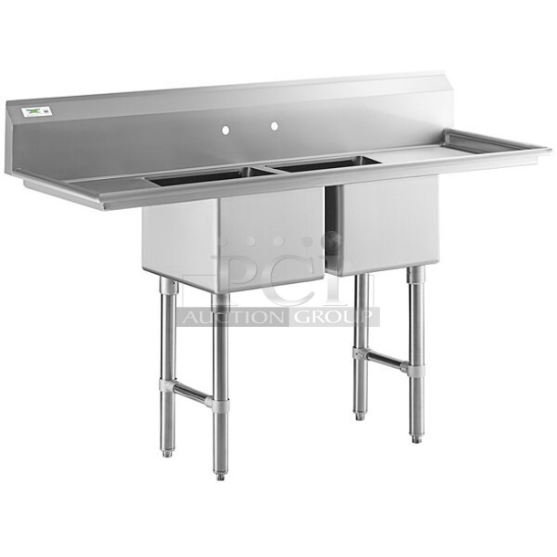 BRAND NEW SCRATCH AND DENT! Regency 600S21717218 Stainless Steel Commercial 2 Bay Sink w/ Dual Drain boards. Bays 17x17x12. Drain Boards 16.5x18.5. No Legs. - Image 1 of 8