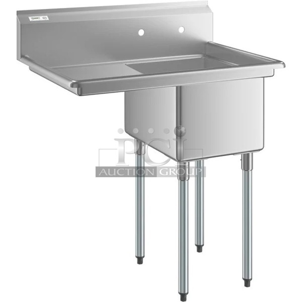 BRAND NEW SCRATCH AND DENT! Regency 600S1162018L 36 1/2" 16 Gauge Stainless Steel One Compartment Commercial Sink with 1 Drainboard - 16" x 20" x 12" Bowl. No Legs. - Image 1 of 6