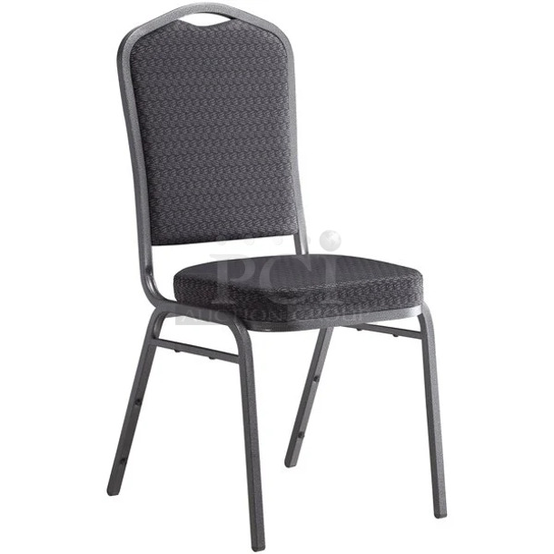 50 BRAND NEW SCRATCH AND DENT! Lancaster Table & Seating 164BNQCRBLK Black Pattern Fabric Crown Back Stackable Banquet Chair with Silver Vein Frame. 50 Times Your Bid! - Image 1 of 8
