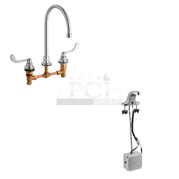 2 BRAND NEW SCRATCH AND DENT! Items Including American Standard 6540178.002 Monterrey 1.5 GPM Deck-Mount Widespread Lavatory Faucet with 8" Centers, Rigid / Swivel Gooseneck Spout, and Wrist Blade Handles and American Standard 6055205.002 Innsbrook Selectronic 0.5 GPM Deck-Mount Battery-Operated Touchless Lavatory Faucet. 2 Times Your Bid!  - Image 1 of 8