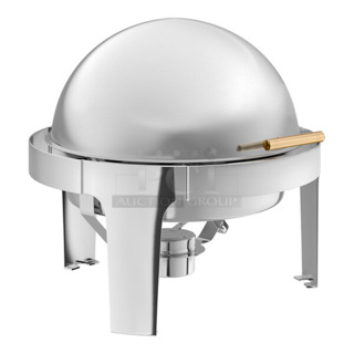 3 BRAND NEW SCRATCH AND DENT! Round Chafers; 2 Acopa Supreme 6.5 Qt. Round Gold Accent Roll Top Chafer and Acopa Supreme 6.5 Qt. Round Chrome Accent Roll Top Chafer. 3 Times Your Bid!