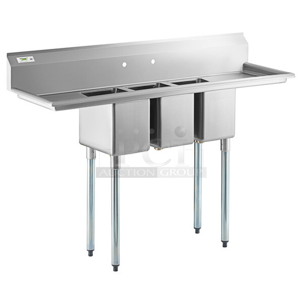 BRAND NEW SCRATCH AND DENT! Regency 600S31014216 66" 16-Gauge Stainless Steel Three Compartment Commercial Sink with Galvanized Steel Legs and 2 Drainboards - 10" x 14" x 12" Bowls. No Legs.  - Image 1 of 9