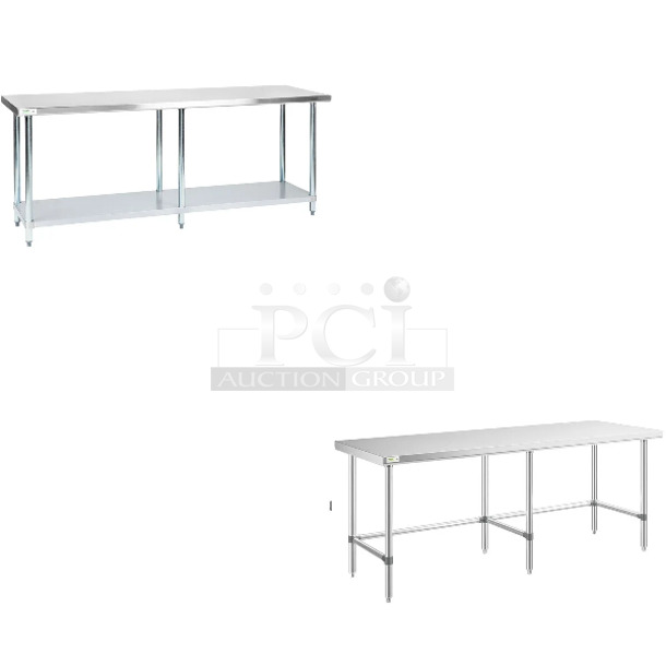 2 BRAND NEW SCRATCH AND DENT! Items Including Regency 600T2484G 24" x 84" 18-Gauge 304 Stainless Steel Commercial Work Table with Galvanized Legs and Undershelf and Regency 600WT30X84SS 30" x 84" 16-Gauge 304 Stainless Steel Commercial Open Base Work Table. May Be Missing Pieces. 2 Times Your Bid!  - Image 1 of 4