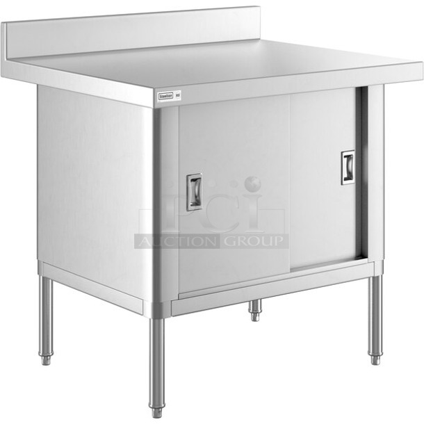 BRAND NEW SCRATCH AND DENT! Steelton 522EBTBKD3036D 30" x 36" 16 Gauge Type 430 Stainless Steel Enclosed Base Sliding Door Table with 4" Backsplash. May Be Missing Pieces.  - Image 1 of 4